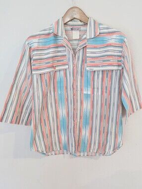 Vintage Cabrais Relaxed Stripe Button Down Shirt Coral Top